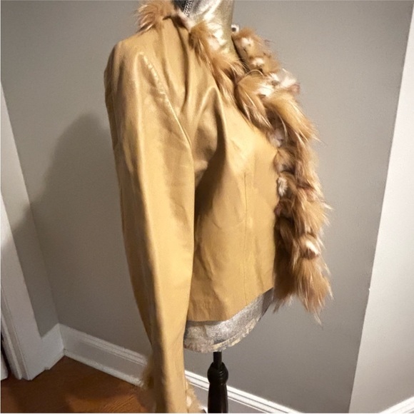 Cache Vintage Leather Jacket Rabbit Fur Trim Tan Cream Size Large - Picture 2 of 12